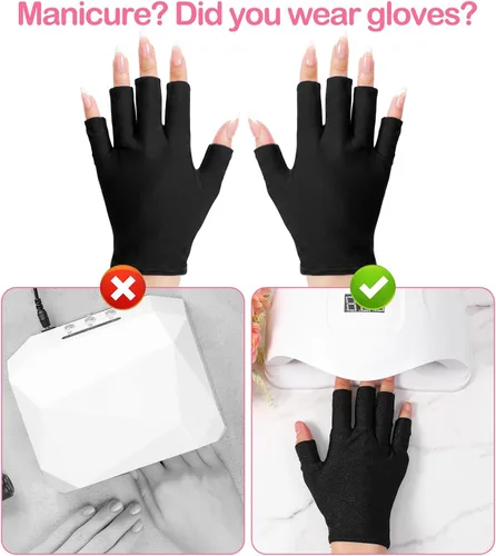 Vista 6 de 2 pares de guantes de uñas UV, guantes de luz UV para uñas de gel, guantes de lámpara de uñas sin dedos, material de elastano transpirable para arte