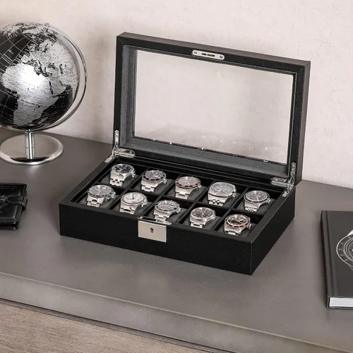 Vista 3 de ROTHWELL Caja de reloj de cuero con 10 ranuras, organizador de joyas de lujo, soporte para reloj con tapa de cristal grande, organizador de caja