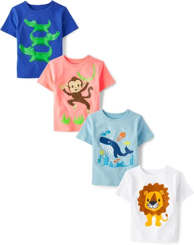 Vista 2 de The Children's Place Camisetas gráficas de manga corta para bebés niños y niños pequeños, animales, coches, paquete de 4