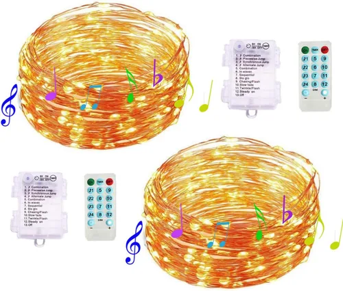 Vista 10 de Paquete de 2 tiras de luces de música activadas por sonido, 100 luces LED de alambre plateado de 33 pies con temporizador remoto para dormitorio