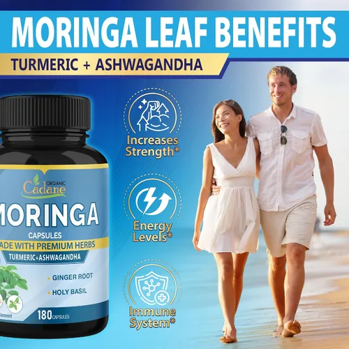 Vista 4 de Cadane Moringa Extract Capsules, suministro de 6 meses con raíz de Ashwagandha, Tulsi, jengibre, cúrcuma - 180 cápsulas