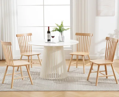 Vista 9 de Kmax Juego de 4 sillas de comedor vintage, sillas Windsor con patas de madera maciza, estilo campestre, nogal Nuez