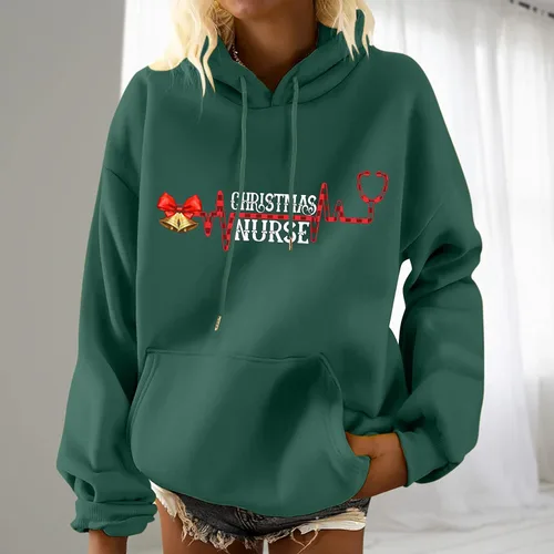 Vista 2 de Christmas Nurse Unisex Adult Graphic Hooded Classic Fit Comfy Pullover Heart Pattern Sweatshirt Holiday Shirts Tops