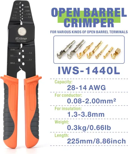 Vista 2 de iCrimp Crimpadora de barril abierto para clavijas JST Molex TE, AWG 28-14 sin trinquete Crimpadora de barril abierto sin trinquete para clavijas