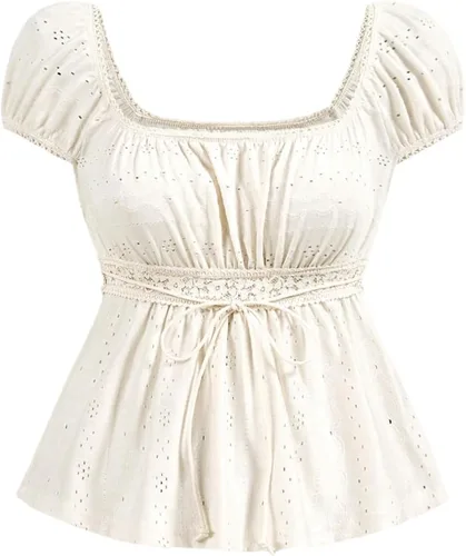Vista 18 de SOLY HUX Blusa de verano de manga corta para mujer Blanco sólido