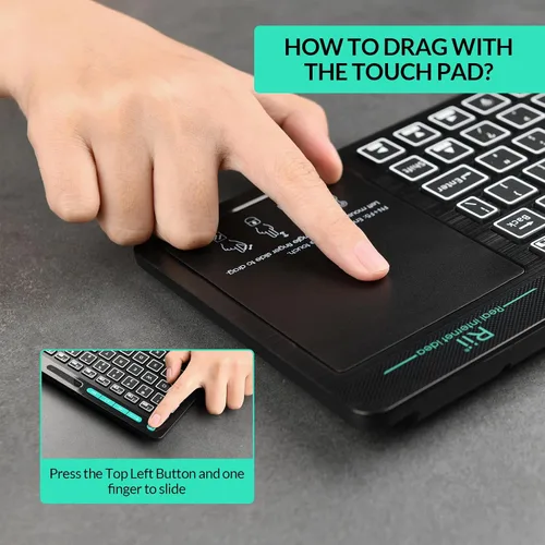 Vista 4 de Rii RT518S - Teclado multifuncional inalámbrico y Bluetooth con retroiluminación de 2 LED de color, modo dual, trackpad multitáctil de gran