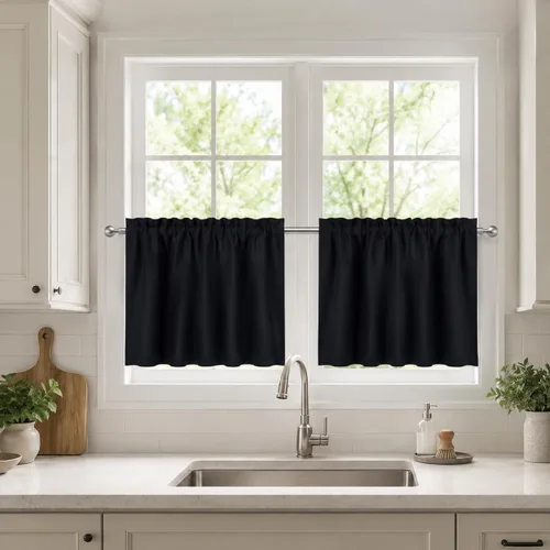 Vista 49 de Aquazolax Half Window Curtains 24 Inch Length, 28" Wide Rod Pocket Small Window Treatment for Kitchen, Bathroom, Camper, Beige, 2 Panels Set