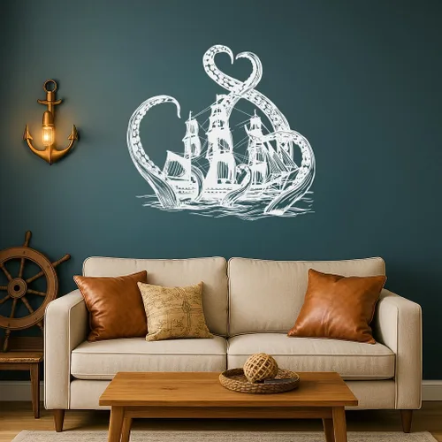 Vista 3 de Calcomanía grande de vinilo para pared, tentáculos de pulpo, barco pirata, decoración de habitación, baño, océano, aventura, temática de niños