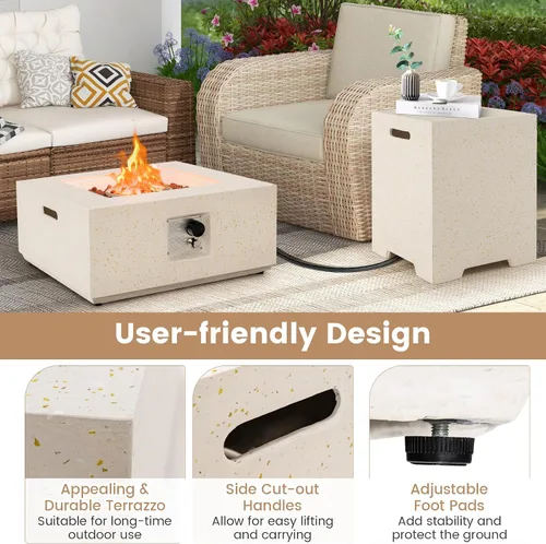Vista 4 de Tangkula 28 Inch Patio Propane Fire Pit Table with Hideaway Tank Holder, 40,000 BTU Terrazzo Gas Fire Table with Lava Rocks, Protective Covers