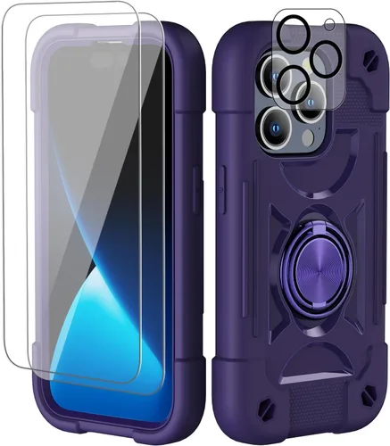 Vista 31 de Funda para iPhone 11 de 6.1 pulgadas con soporte de anillo, con 2 protectores de pantalla de vidrio, resistente a los golpes, resistente a