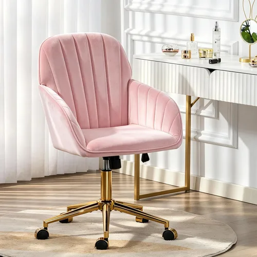 Vista 9 de Silla de tocador de terciopelo con ruedas y base dorada, 330 libras Beige