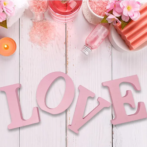 Vista 4 de Letras de madera rosa de 4 pulgadas, letras de madera sin terminar para decoración de pared, letras decorativas de pie en rodajas, decoración