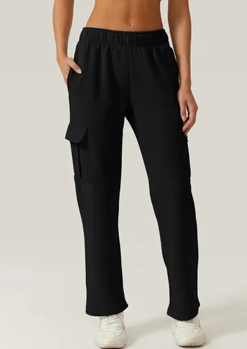 Vista 3 de QINSEN Pantalones deportivos holgados de cintura media para mujer, pantalones largos de forro polar con bolsillos