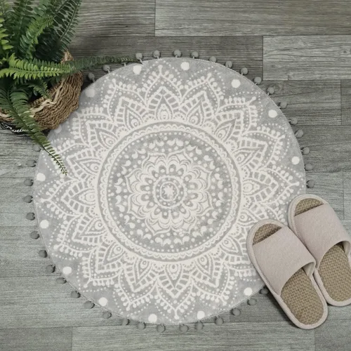 Vista 14 de Uphome Alfombra Redonda Pequeña de 2' Boho Beige y Gris Alfombra de Baño con Pompones y Flecos Lavable Mandala Círculo Tapete de Ducha Suave Mandala