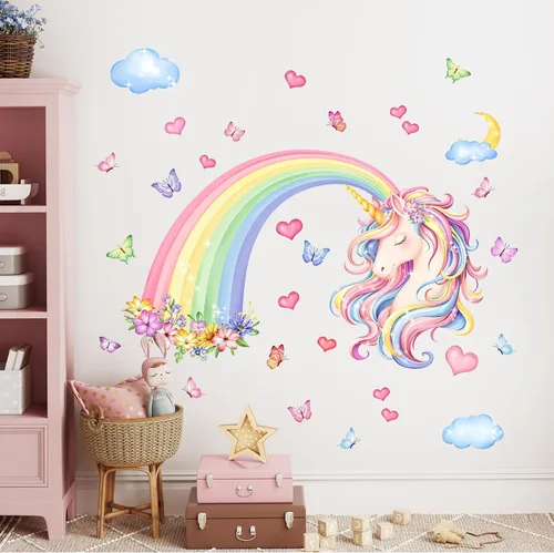 Vista 2 de Calcomanías de pared de unicornio arco iris, flores, mariposas, nubes, corazones, unicornio, calcomanías de pared de bebé, guardería, dormitorio