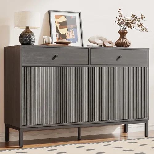 Vista 12 de Mericonia Aparador Buffet Gabinete Almacenamiento, Consola de madera moderna acanalada Credenza