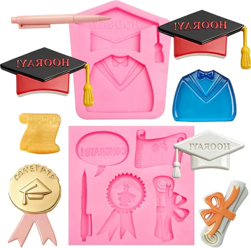 Vista 11 de Moldes de silicona para chocolate con tapa de graduación, moldes para hornear fondant de graduación 2023 para decoración de pasteles, decoración