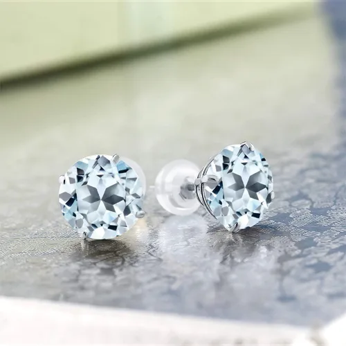 Vista 2 de Gem Stone King Solid 14K White Gold 8MM Round Gemstone Birthstone Stud Earrings Gold Earrings with Comfort Back For Women