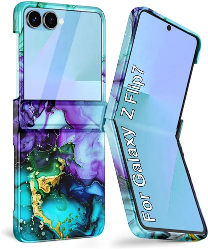 Vista 23 de Btscase Funda para Samsung Galaxy Z Flip 6, protector de pantalla frontal integrado, patrón de mármol dorado con purpurina de policarbonato duro