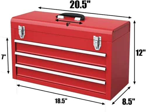 Vista 3 de ERGOMASTER Caja de herramientas portátil, caja de herramientas de metal de 20.5'' con 3 cajones, cofre de herramientas de almacenamiento resistente