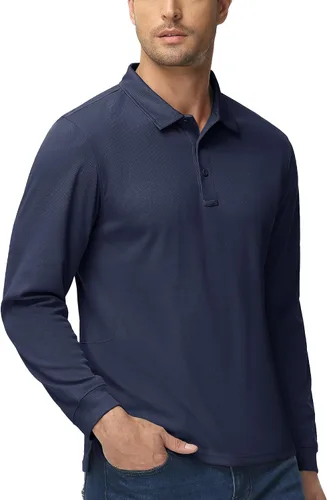 Vista 6 de MAGCOMSEN Camisas polo para hombre, 3 botones, secado rápido, manga larga, tácticas, camisa de golf