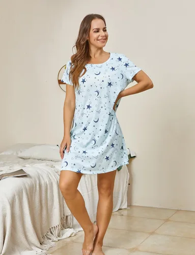 Vista 2 de PNAEONG - Camisón de algodón para mujer, de manga corta y con estampado, ropa de dormir informal