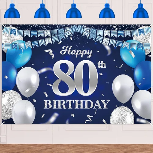 Vista 86 de Bandera de feliz primer cumpleaños con fondo azul marino, globos, confeti, bandera de rayas, luces de puntos, felicitaciones por el tema de 1 año