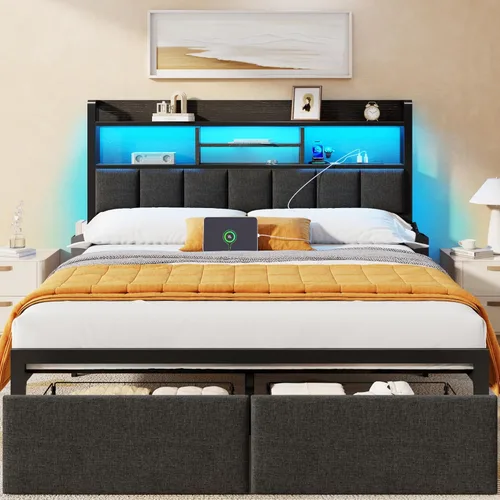 Vista 11 de Furnulem Marco de Cama Tamaño Full con Cabecera Tapizada, Marco de Cama Full con Cajones de Almacenamiento, Estación de Carga y Luces LED