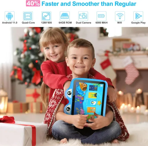 Vista 2 de Tablet para niños de 10.1 pulgadas, Tablet Android 11 de 64GB para niños con estuche, Google Play, YouTube, cámara dual, WiFi, Bluetooth, Azul