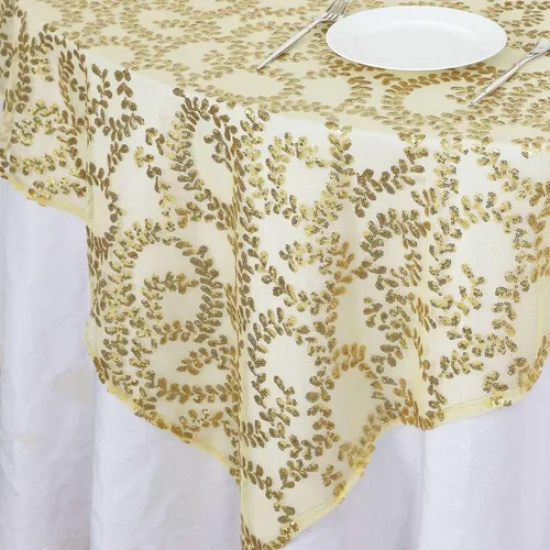 Vista 6 de Efavormart - Superposición de mesa de tul bordado de hojas de lentejuelas doradas de 72 x 72 pulgadas, mantel cuadrado transparente
