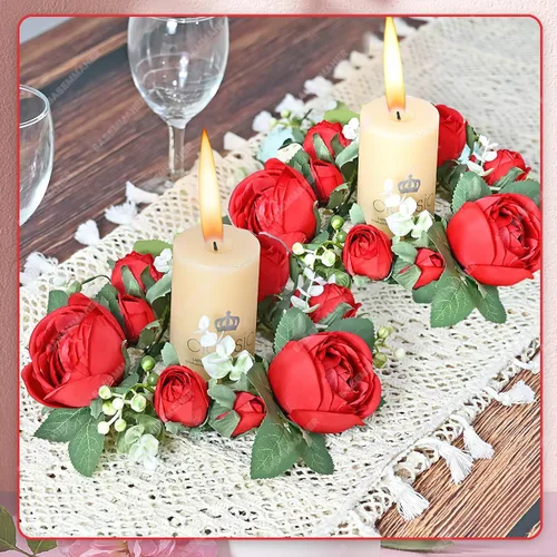 Vista 3 de Anillos de vela de rosas rojas para el día de San Valentín, coronas, flores artificiales con hojas verdes, mesa floral, centro de mesa, mini