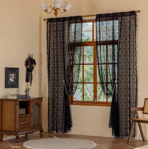 Vista 15 de YJ YANJUN - Cortinas de café boho, 24 pulgadas de largo, 2 paneles, cada una de 59" de ancho x 24" de largo, beige, con crochet, cortinas de cocina