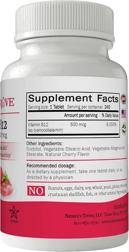 Vista 2 de Vitamina B12 500 mcg por Nature's Trove - 240 tabletas EZ Chew sabor cereza