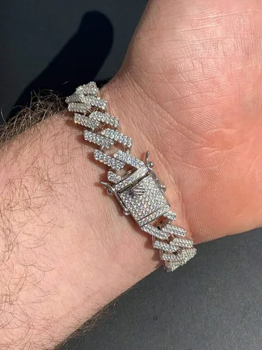 Vista 9 de HarlemBling Cadena o pulsera cubana de plata de ley 925 maciza para hombre, eslabones cubanos Hip Hop de 0.472 in - ICY, Metal, Circonita cúbica