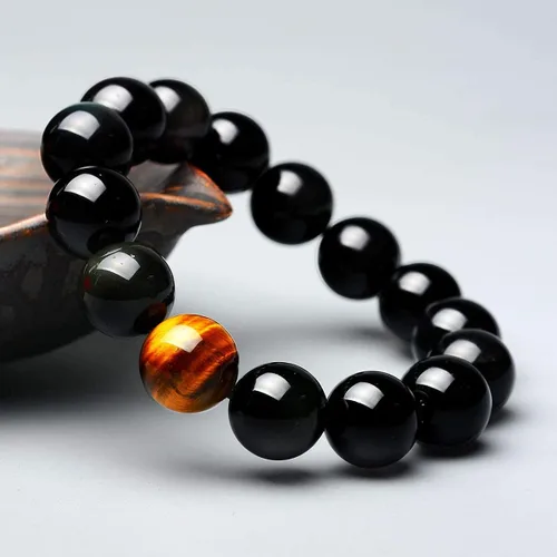 Vista 6 de SX Commerce Pulsera de obsidiana natural negra de piedra natural de 0.394in o 0.472in con un ojo de tigre único, buen regalo para hombres y mujeres
