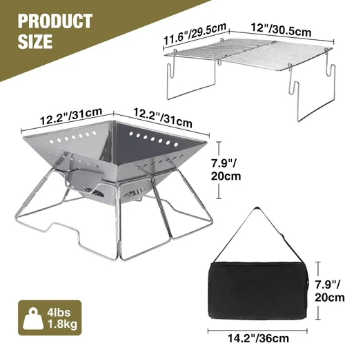 Vista 4 de Fogata portátil con parrilla para campamento, hoguera plegable de alta resistencia con parrilla de fogata y bolsa de transporte para exteriores