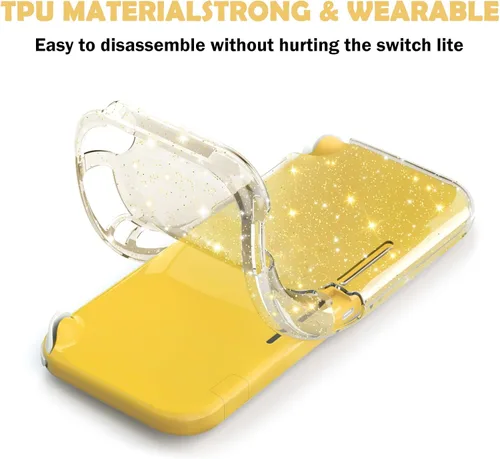 Vista 6 de DLseego Funda protectora con purpurina dorada para Switch Lite, cubierta de TPU suave de cristal transparente con absorción de golpes y diseño