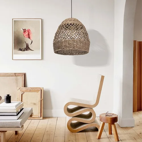 Vista 9 de Arturesthome Lámpara colgante tejida, moderna lámpara colgante bohemia con pantalla de ratán tejida a mano, lámpara colgante costera de granja