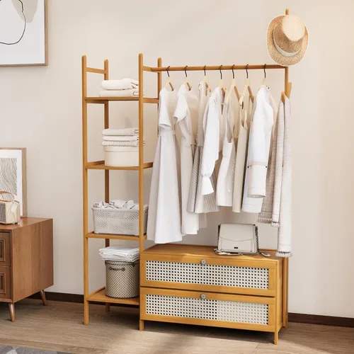 Vista 13 de Perchero de Ropa de Bambú, Perchero con Cajones y Estantes, Estantes de Almacenamiento de 5 Niveles con 6 Ganchos para Colgar, Armario Closet