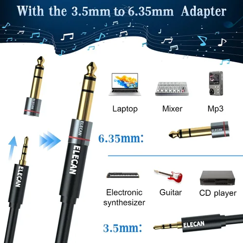 Vista 2 de Elecan Cable Auxiliar TRS Macho a XLR Macho de 3.5mm (1/8 Pulgada) de 4 Pies, Cable de Micrófono Estéreo Blindado Profesional Balanceado, Chapado