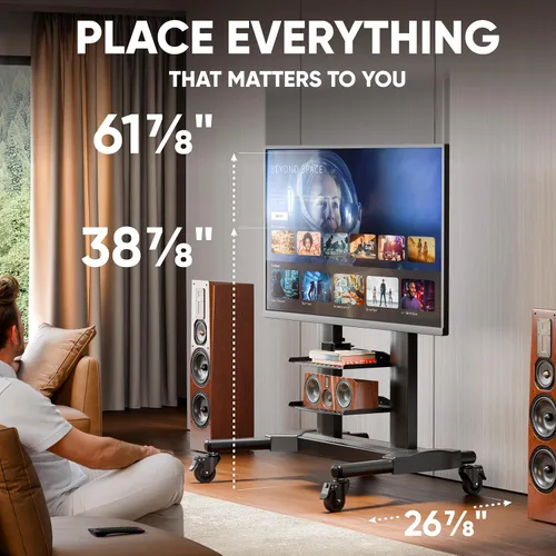 Vista 2 de ONKRON Soporte de TV móvil con ruedas para televisores de 40 a 80 pulgadas de hasta 122 libras, carrito de TV rodante, soporte de TV portátil
