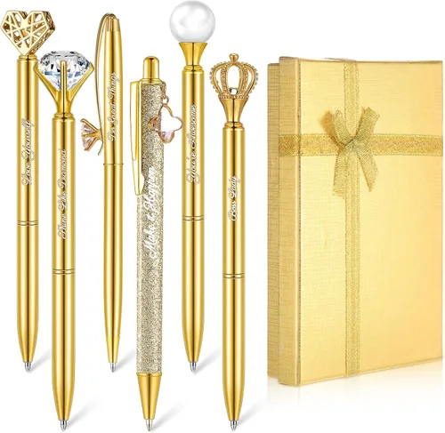 Vista 18 de Qeeenar 6 bolígrafos elegantes para mujer, bolígrafo de diamantes de cristal para diario, bonito bolígrafo con purpurina con caja, regalos Negro