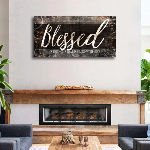 Vista 3 de MESESE Arte de pared en lienzo con cita para el hogar bendecido Decoración de pared marrón para sala de estar Blessed is the home Christian Wall