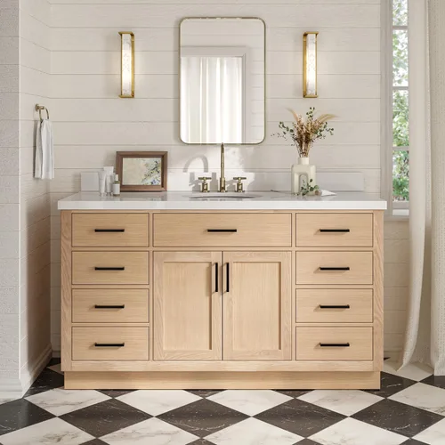 Vista 24 de ARIEL Hepburn - Tocador de baño de 30 pulgadas con fregadero, madera maciza, encimera y protector contra salpicaduras de cuarzo blanco puro de 1.5