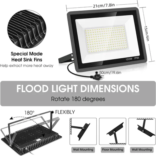 Vista 6 de YANYCN - Paquete de 4 reflectores LED de 100 W, luces de seguridad exterior súper brillantes con enchufe, luz de inundación impermeable IP66