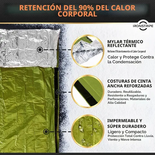 Vista 3 de Ironstripe Bivy Sack XL - Saco de dormir de supervivencia impermeable con silbato de emergencia, capucha integrada y Mylar térmico, resistente a