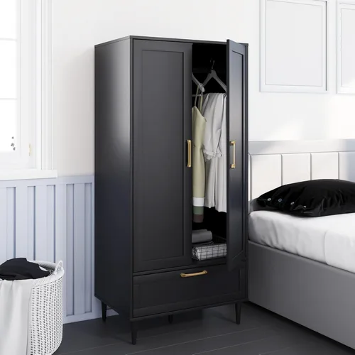 Vista 8 de Armario Morden para dormitorio, armario con barra para colgar, 60 pulgadas, 2 puertas, para ropa con cajones, armario de almacenamiento Morden, Negro