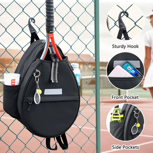 Vista 6 de Mochila de Tenis con Soporte para 2 Raquetas, Bolsa de Raqueta de Tenis de Cuero PU Resistente al Agua para Mujeres y Hombres, Mochila Deportiva