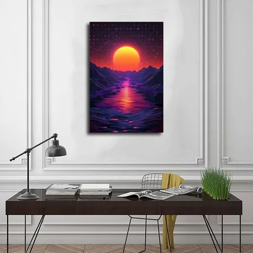 Vista 3 de Retro Synthwave Wall Art – Abstract Sci-Fi Universe Print – Neon 80s Futuristic Poster Poster Canvas Artwork Prints Rustic Farmhouse Decorations for