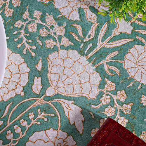 Vista 6 de Mantel redondo con estampado de bloque a mano, 100% algodón, reutilizable, turquesa, verde musgo, 90 pulgadas, mantel decorativo para uso diario